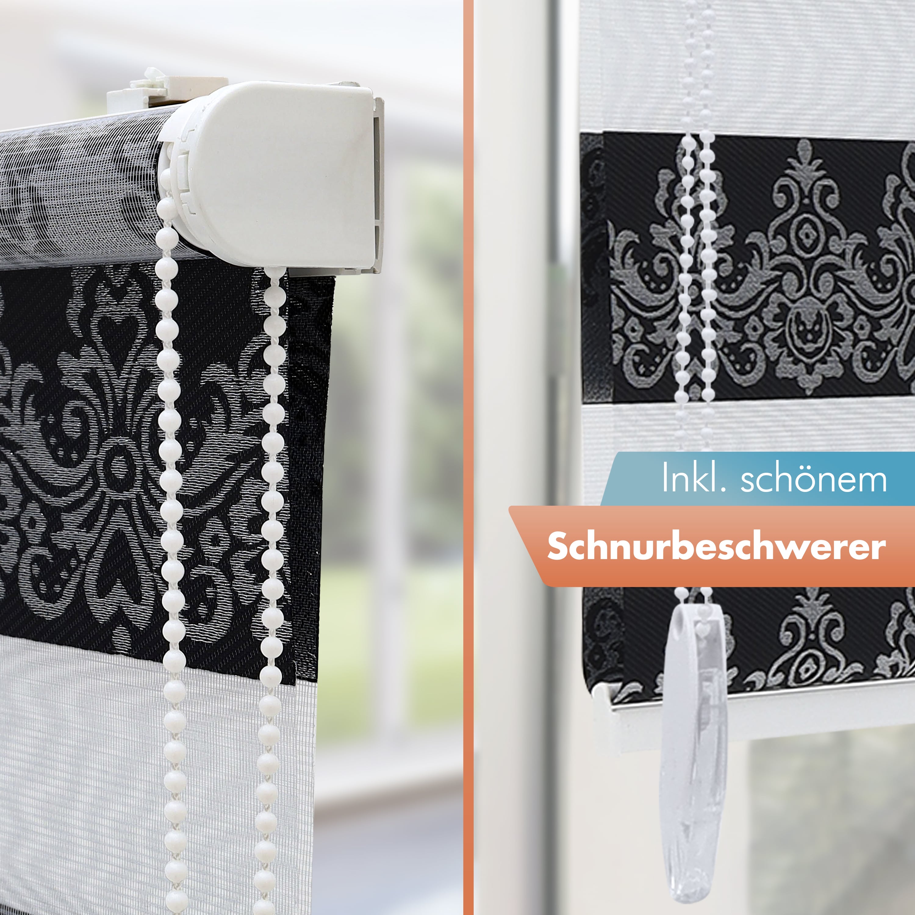 Doppelrollo mit Muster Barock Damask Ornamente - Schwarz Silber - 3in1 - für Fenster, Wand & Decke - inkl. Zubehör - 60 Sek Klemmfix Montage