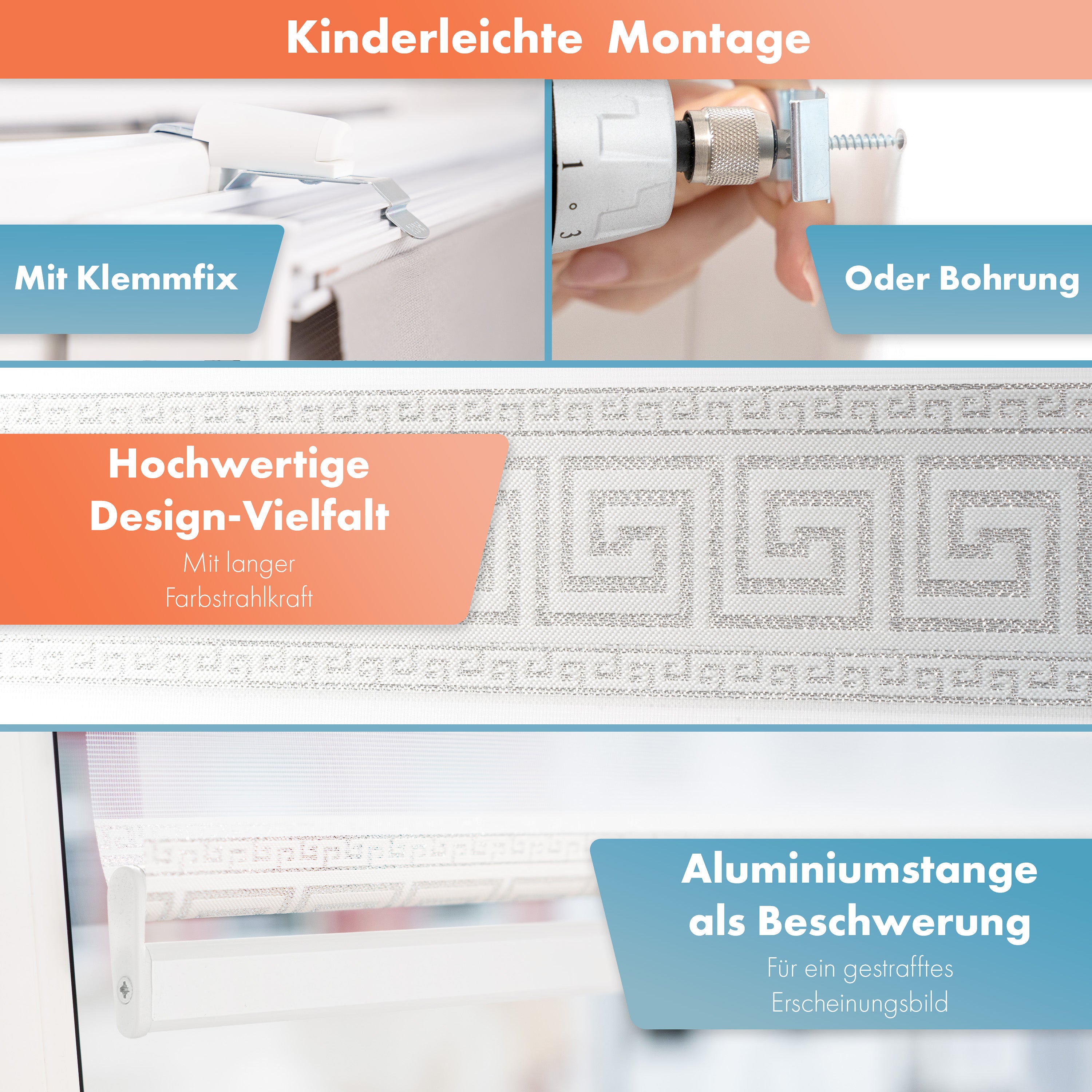 Doppelrollo Klemmfix mit Perlen 4in1 / für Fenster, Tür, Wand, Decke / ohne Bohren - mit Bohren / Weiß Silber Mäander Design Ornamente