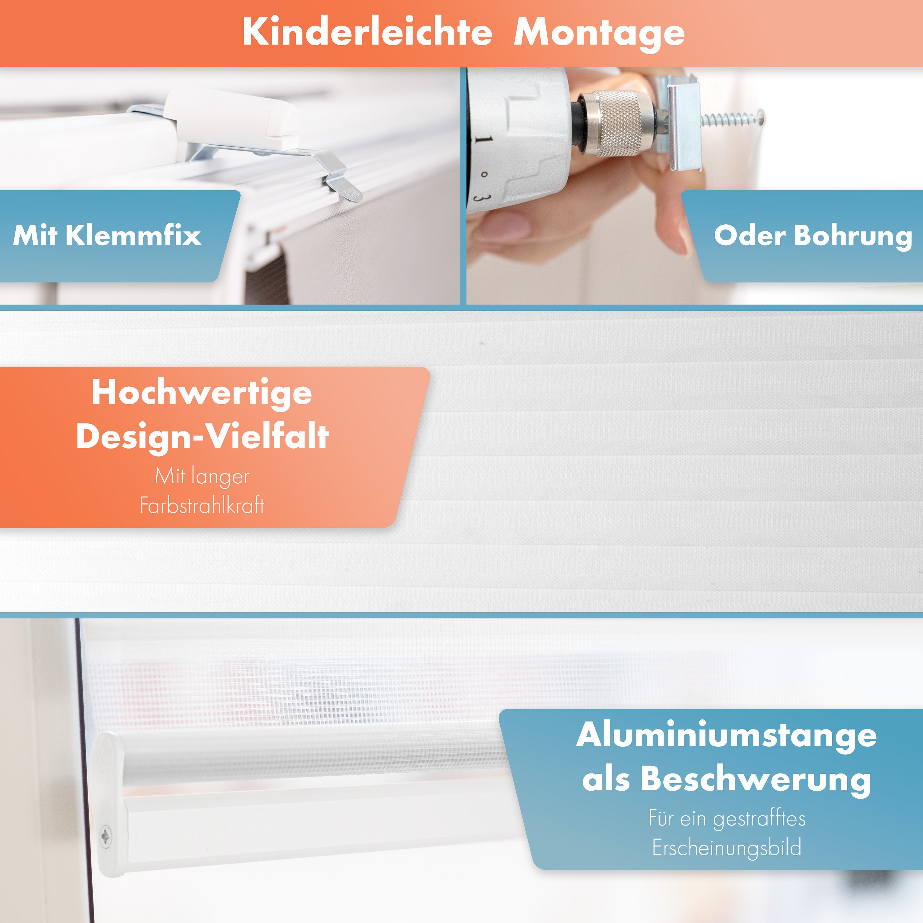 Doppelrollo Maßanfertigung - ohne Bohren / mit Bohren - Weiß Gesteppt