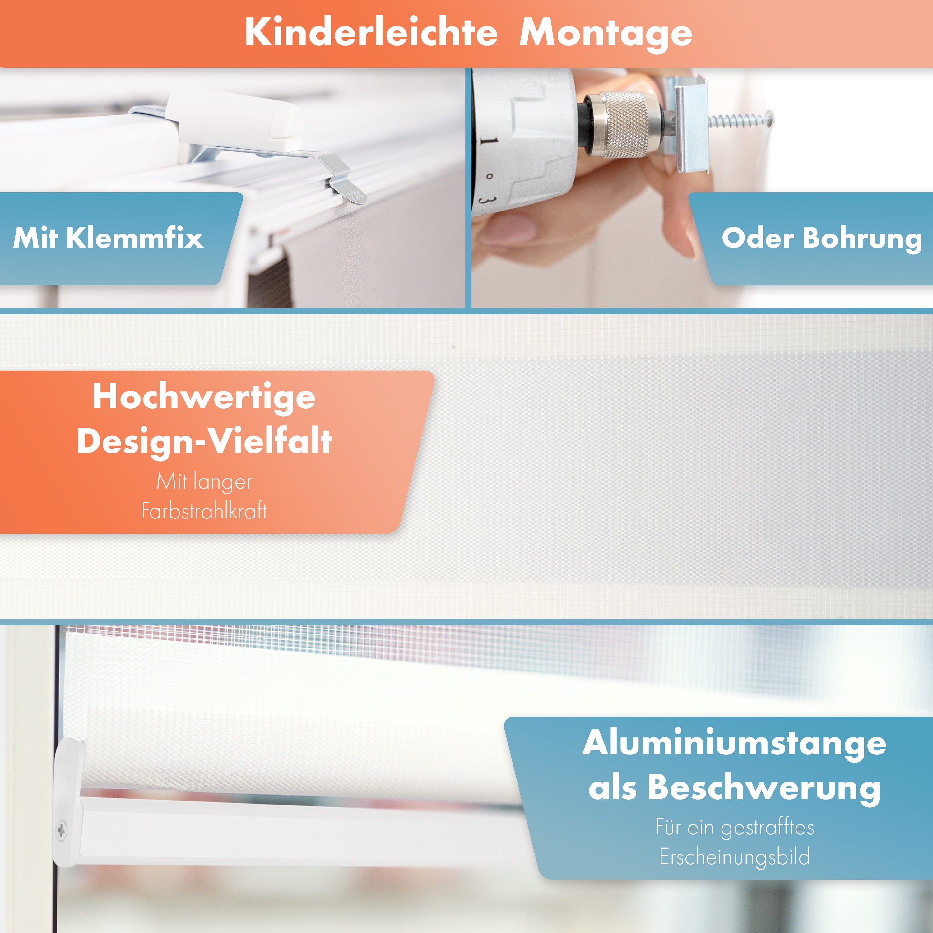 Doppelrollo Maßanfertigung - ohne Bohren / mit Bohren - Weiß Glatt