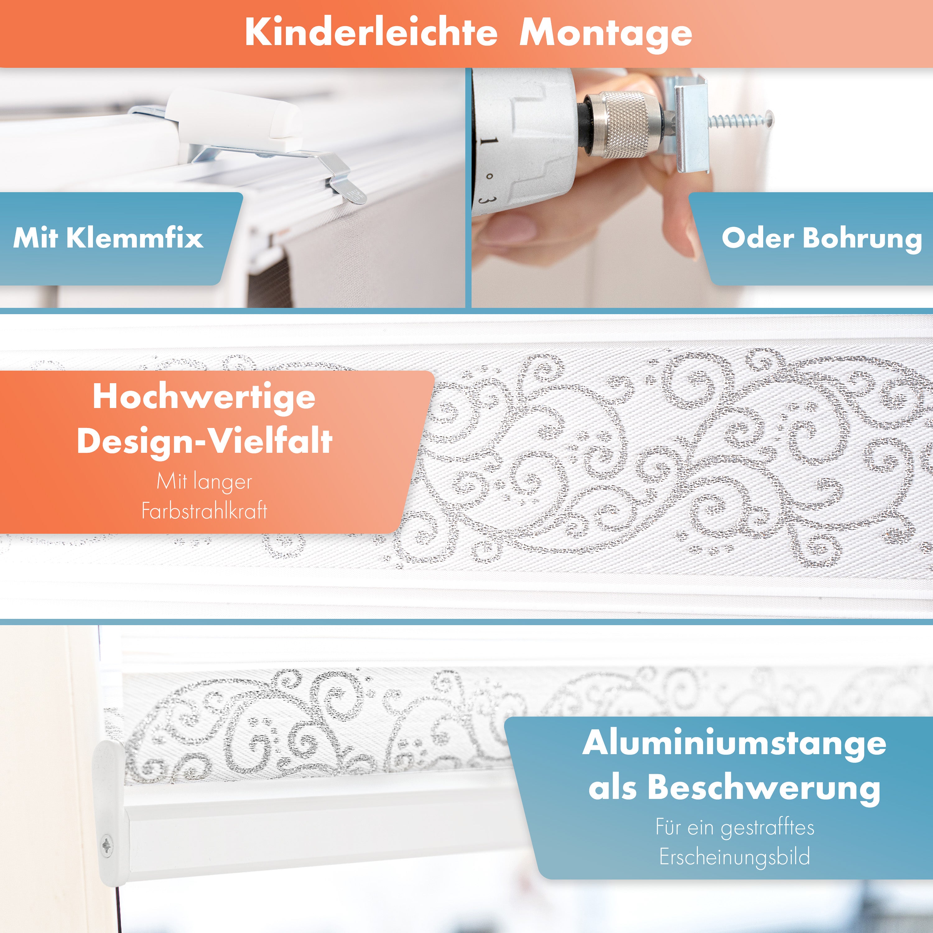 Doppelrollo Klemmfix mit Perlen 4in1 / für Fenster, Tür, Wand, Decke / ohne Bohren - mit Bohren / Weiß Silber Blumen Ranken Muster Ornamente