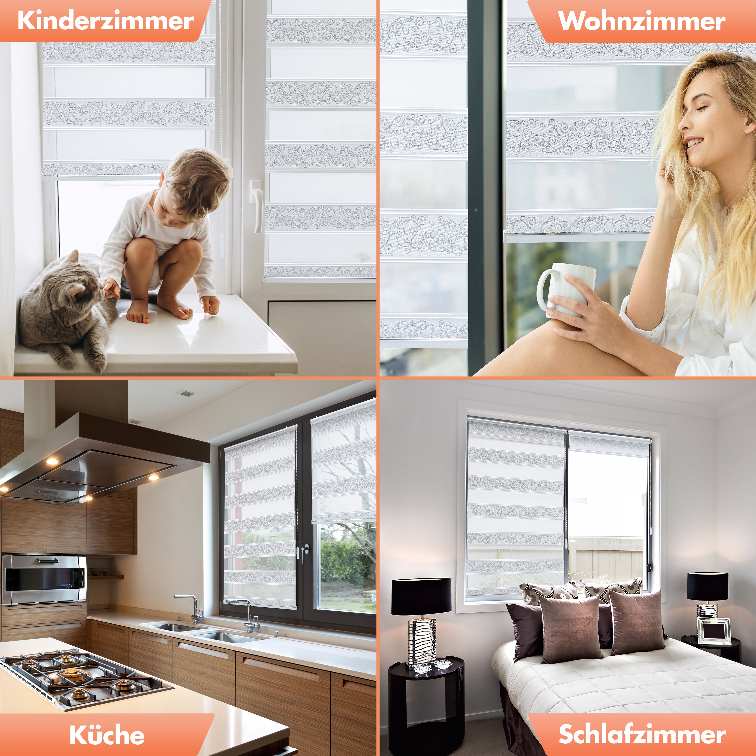 Doppelrollo Klemmfix mit Perlen 4in1 / für Fenster, Tür, Wand, Decke / ohne Bohren - mit Bohren / Weiß Silber Blumen Ranken Muster Ornamente