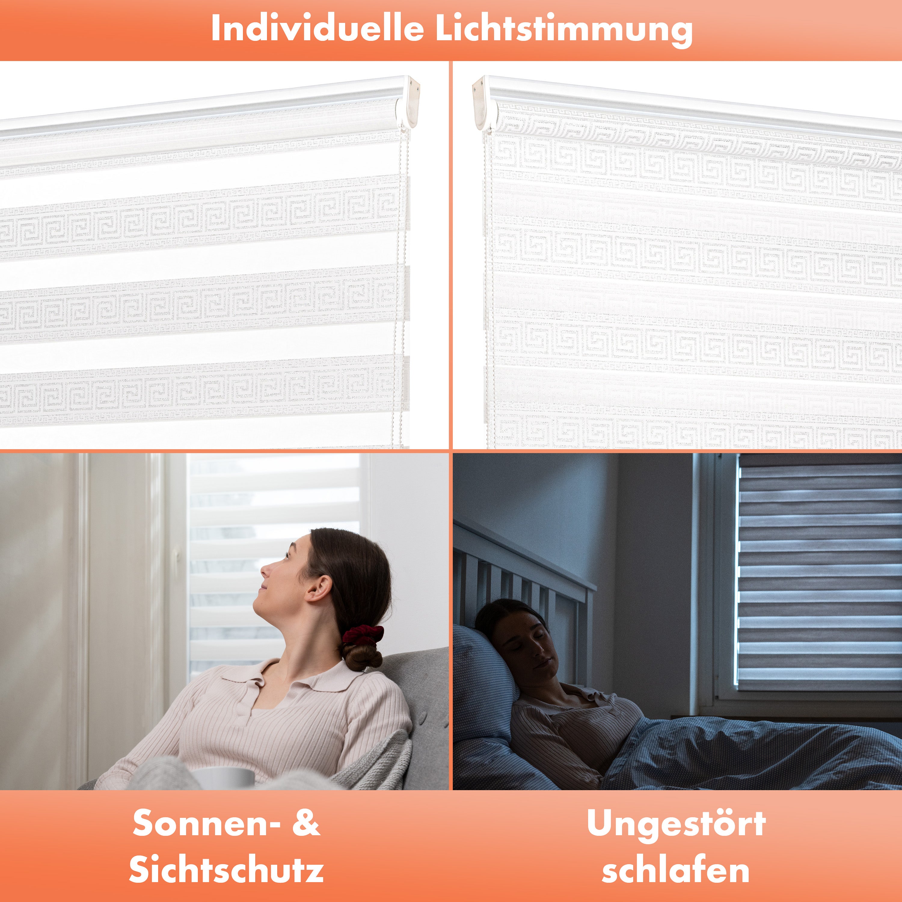 Doppelrollo Klemmfix mit Perlen 4in1 / für Fenster, Tür, Wand, Decke / ohne Bohren - mit Bohren / Weiß Silber Mäander Design Ornamente