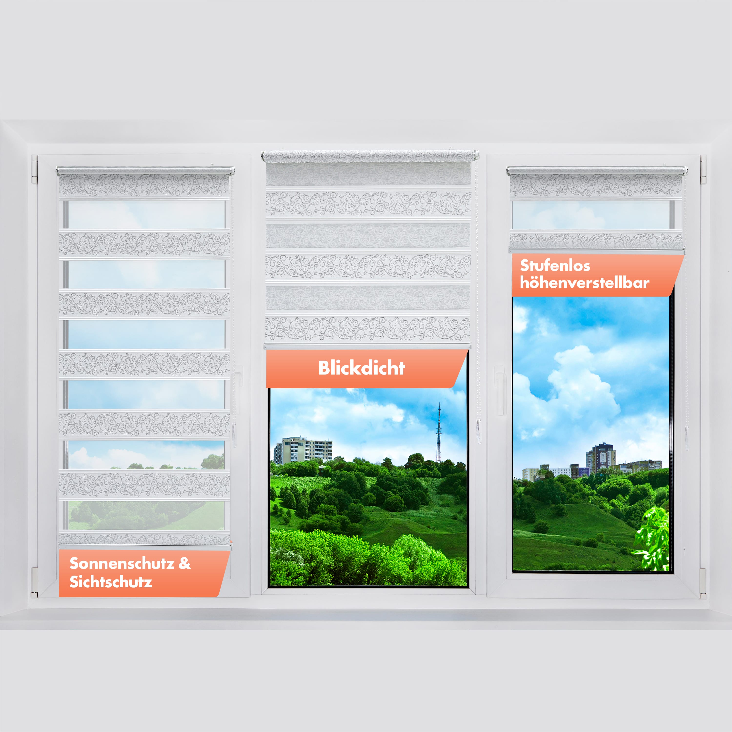 Doppelrollo Fensterdekoratio Bohren ohne Duorollo Silber Klemmfix Weiß