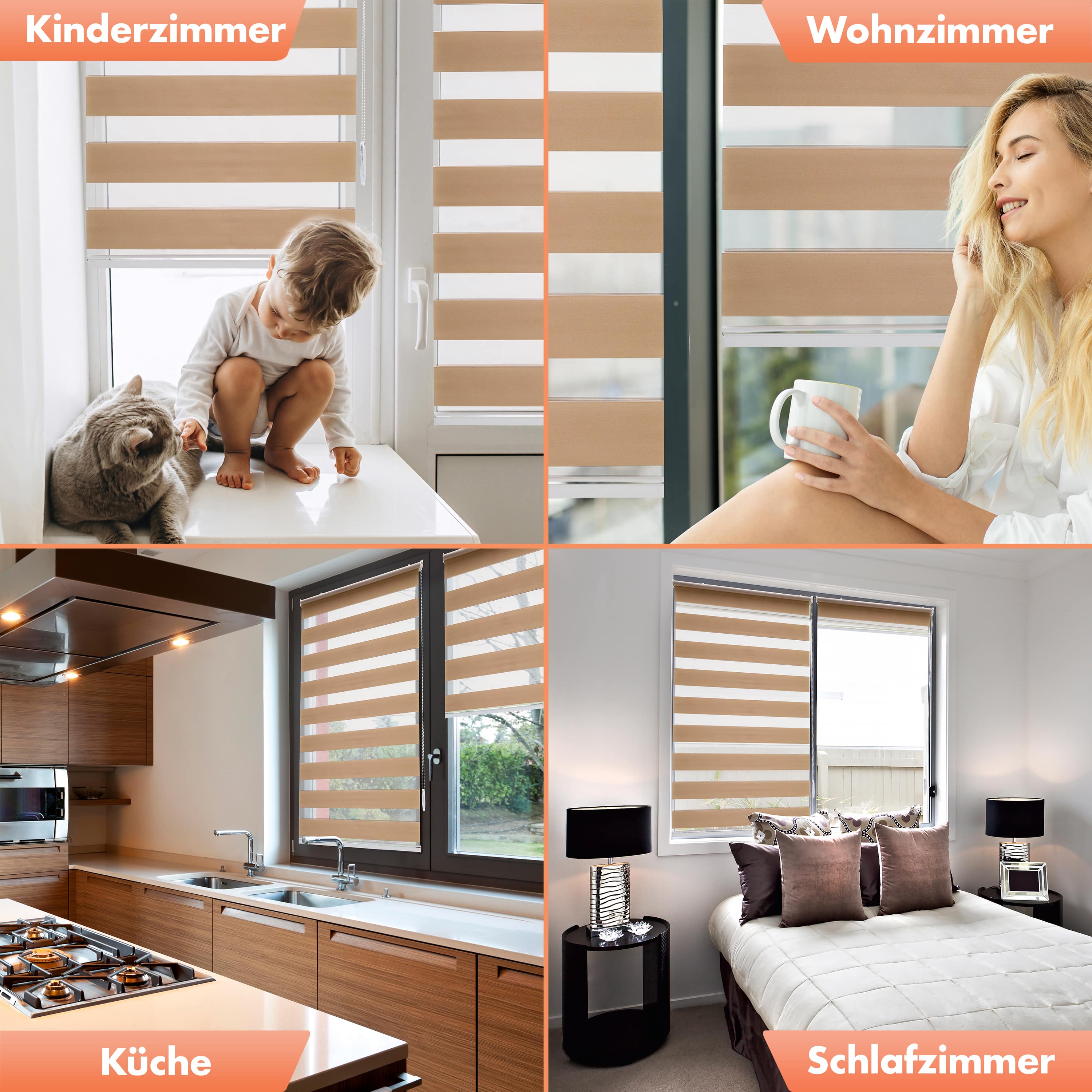 Doppelrollo ohne Bohren - Beige / Sand - 3in1 - für Fenster, Wand & De