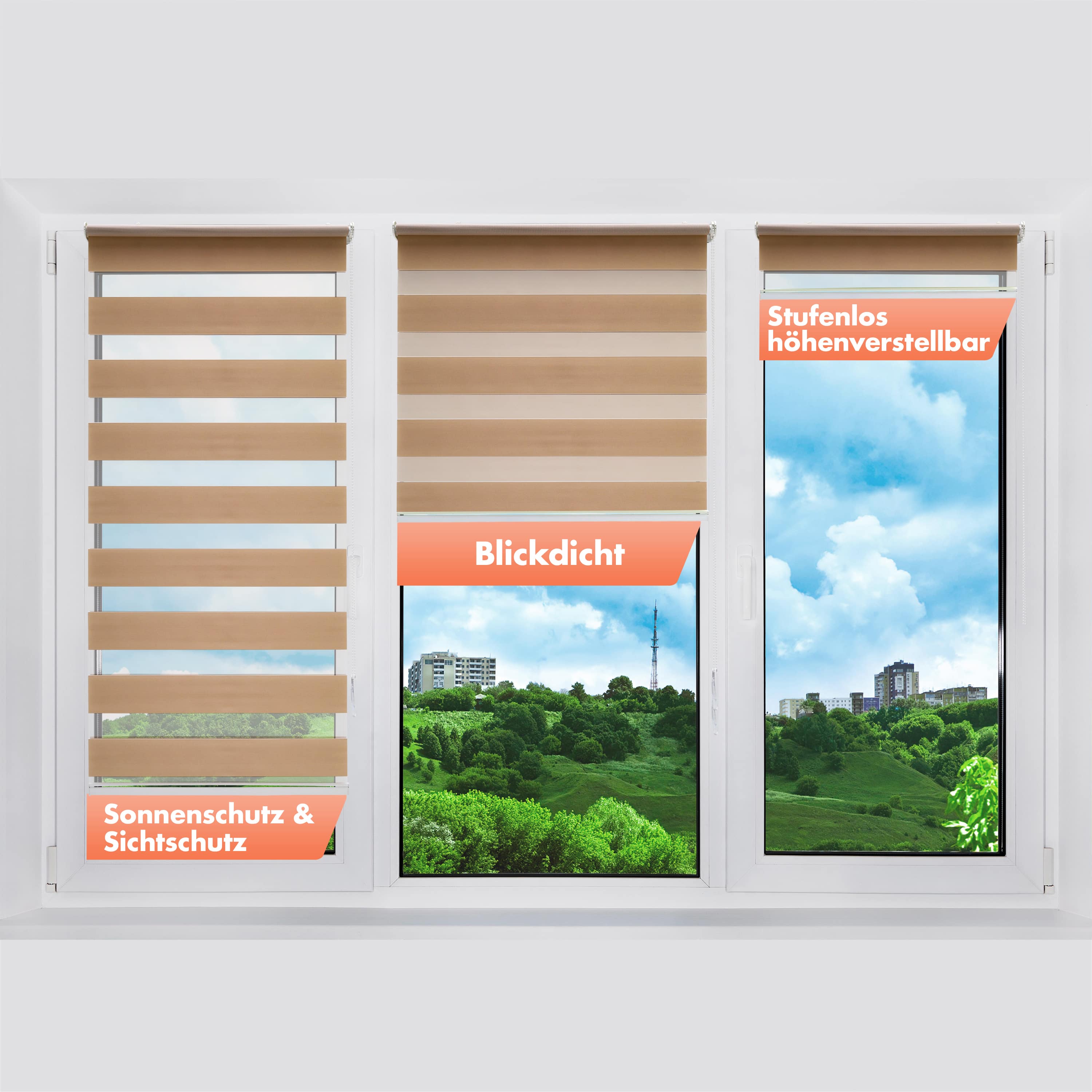 3in1 - Bohren / Beige Doppelrollo Wand für & De Sand - - Fenster, ohne