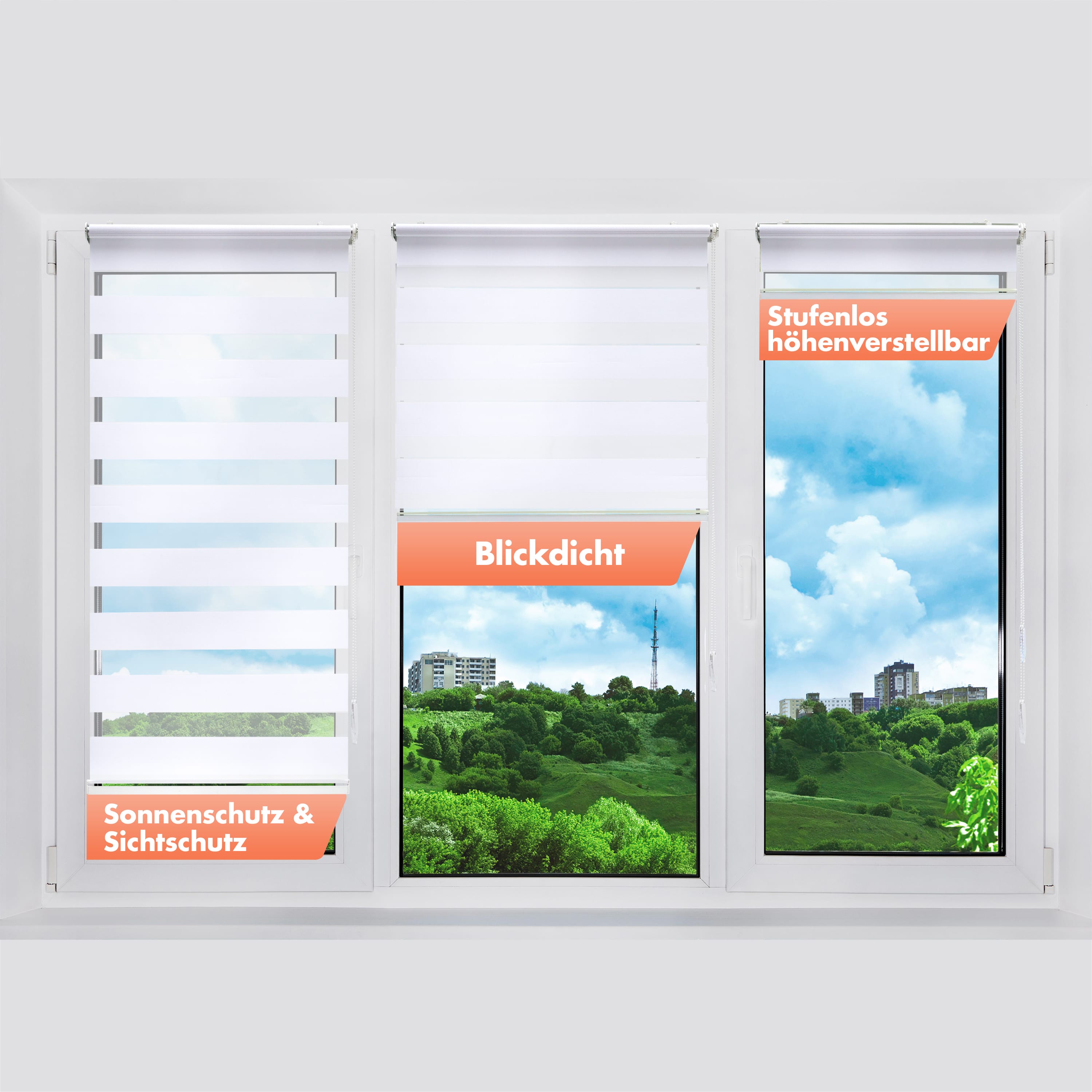 Doppelrollo ohne Bohren - Decke - in Fenster, & Wand Weiß für 3in1 - 